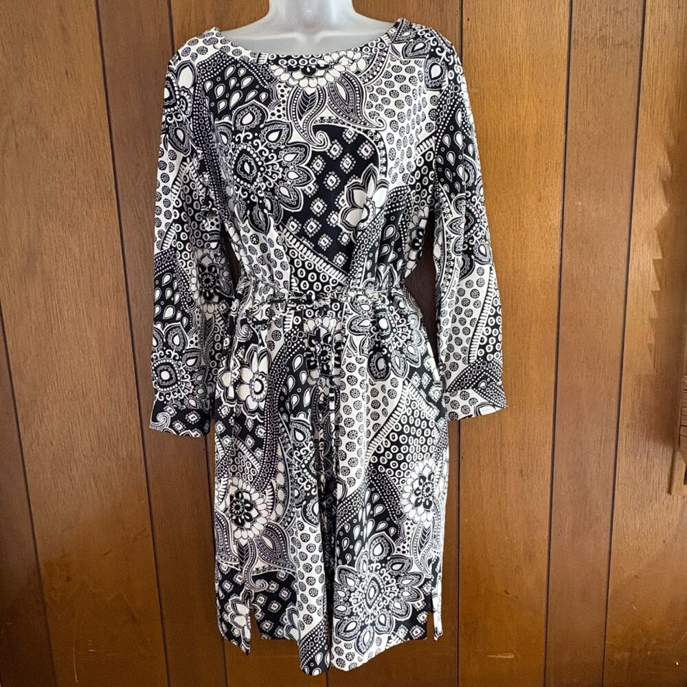 LOFT Dress Women LP Black White Paisley Geometric Tie Waist‎ Boho Artsy Office